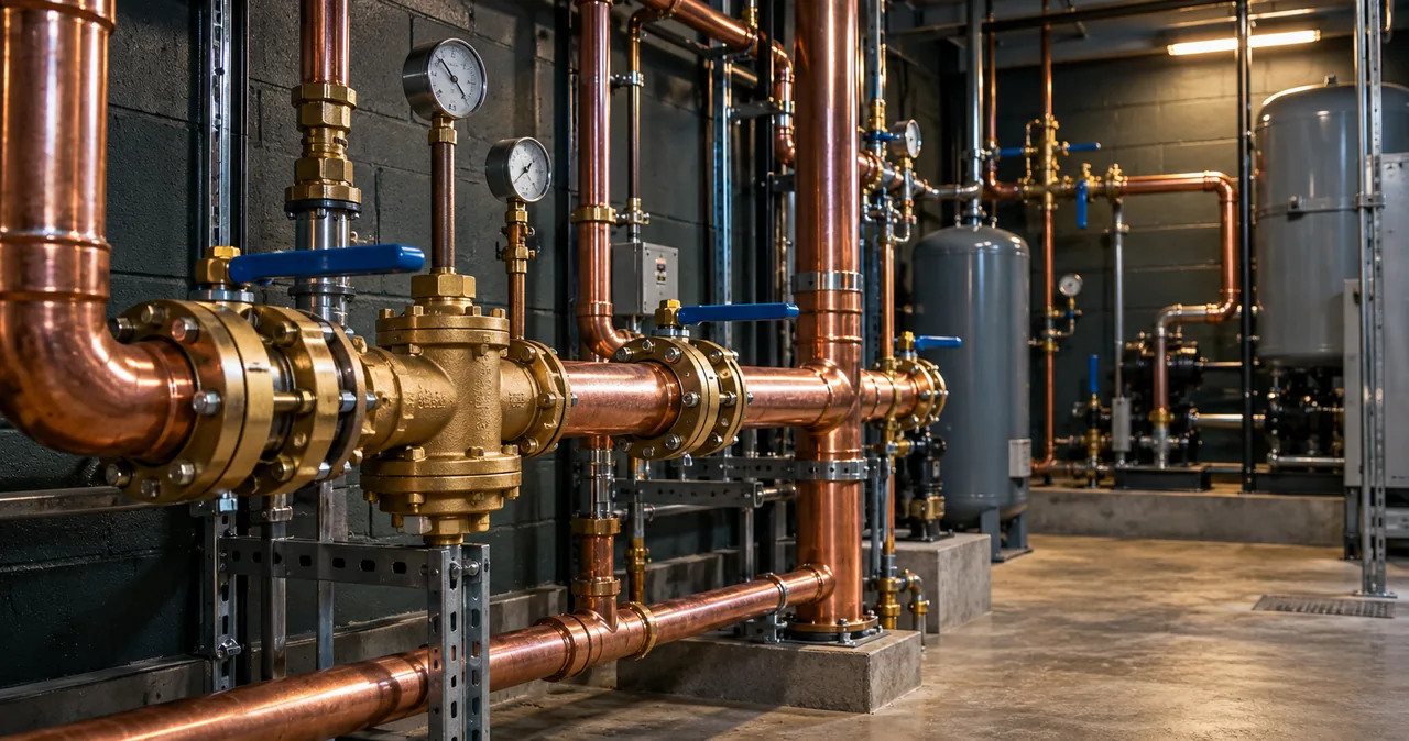 Illustrative commercial mechanical room with copper piping, brass fittings and blue valve handles