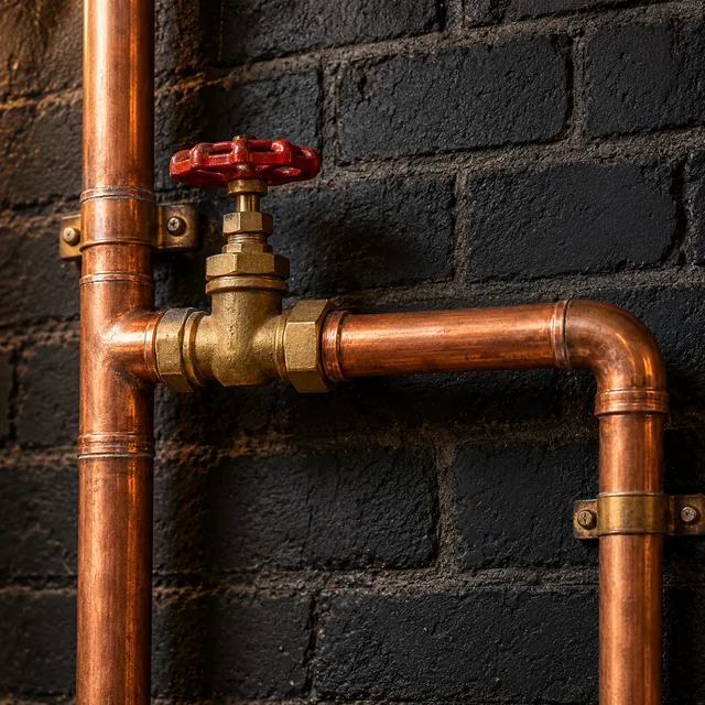 Illustrative copper plumbing and brass valve