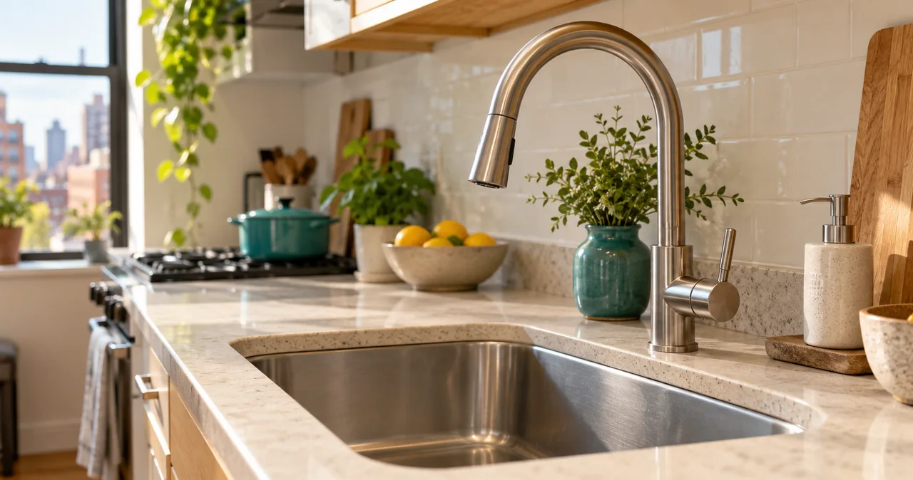 Illustrative apartment kitchen with a chrome faucet and stainless steel sink